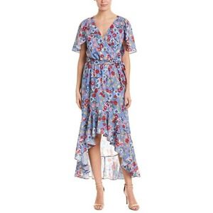 Parker Midi Wrap Dress Small Blue Floral Print Short Sleeve A-Line High-Low